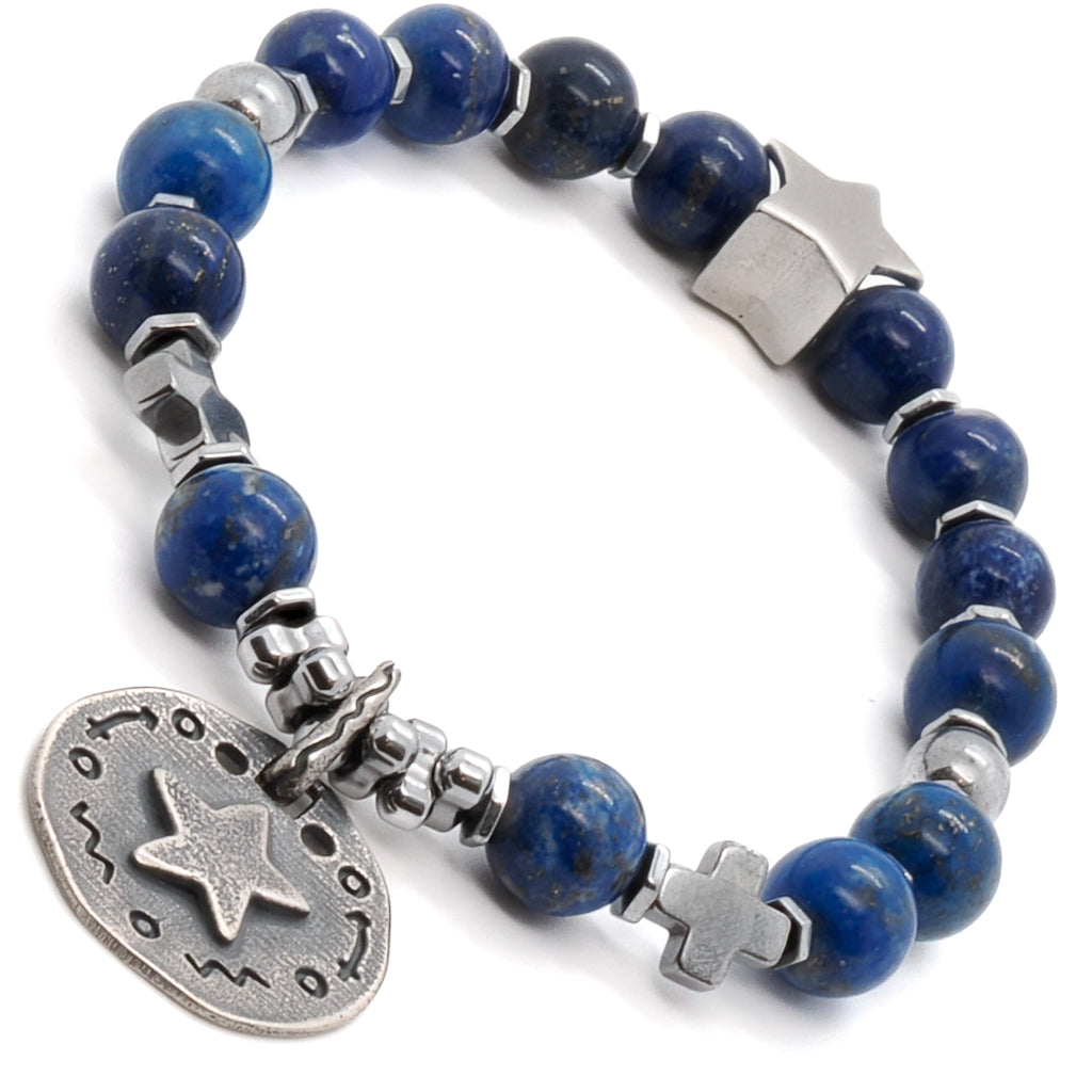 Elevate your style with the Star Blue Lapis Lazuli Bracelet, featuring vibrant lapis lazuli stone beads and a shining silver star accent.