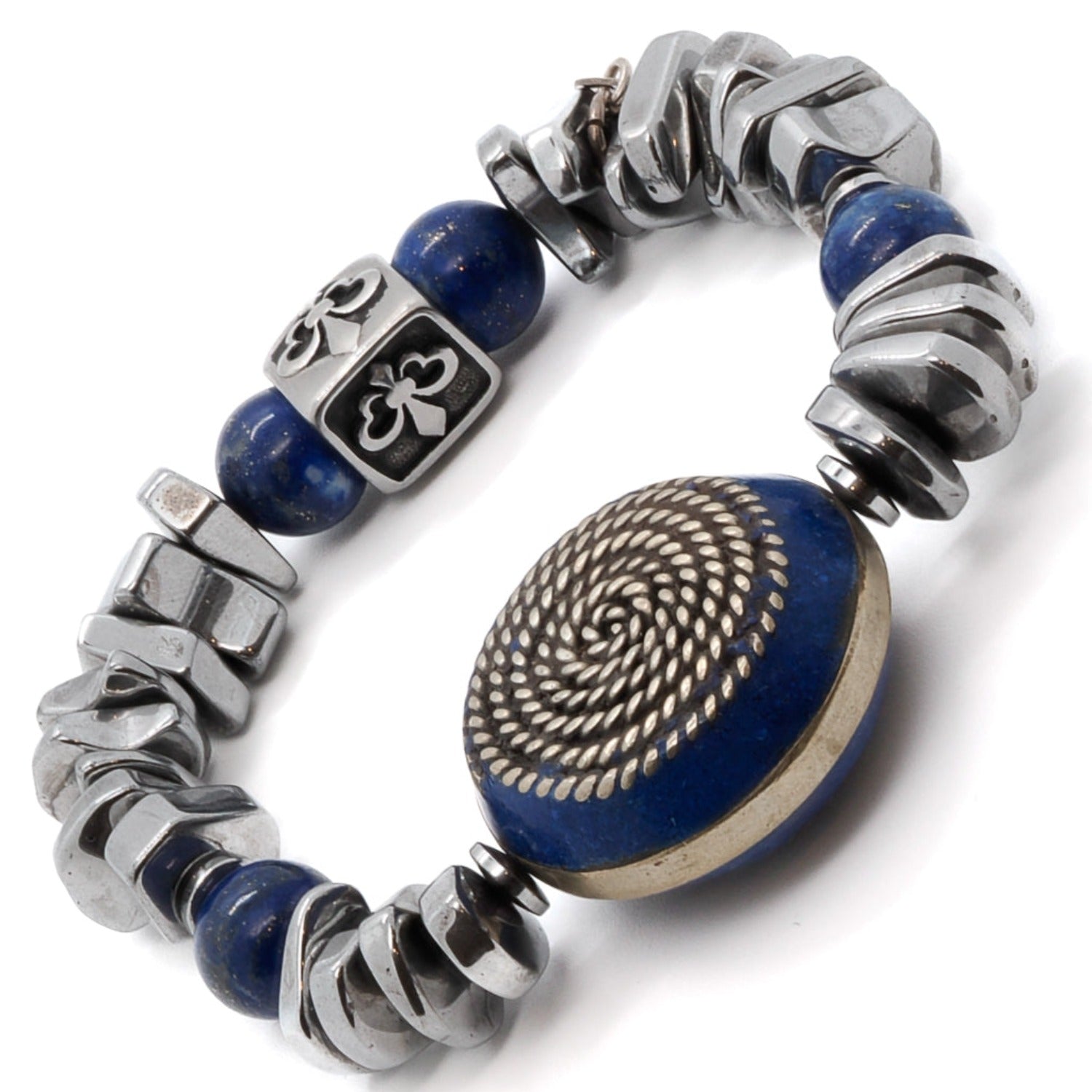 Make a bold statement with the Strong Women Bracelet, a unique accessory crafted with silver hematite stone beads and lapis lazuli beads.