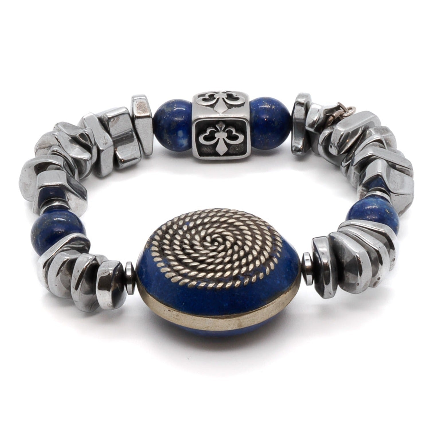 The Strong Women Bracelet exudes resilience and beauty with its combination of silver hematite and lapis lazuli stone beads.