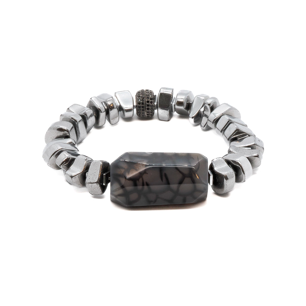 Discover the elegance of the Stylish Mila Bracelet, featuring nugget silver color hematite beads and a striking jasper stone centerpiece.