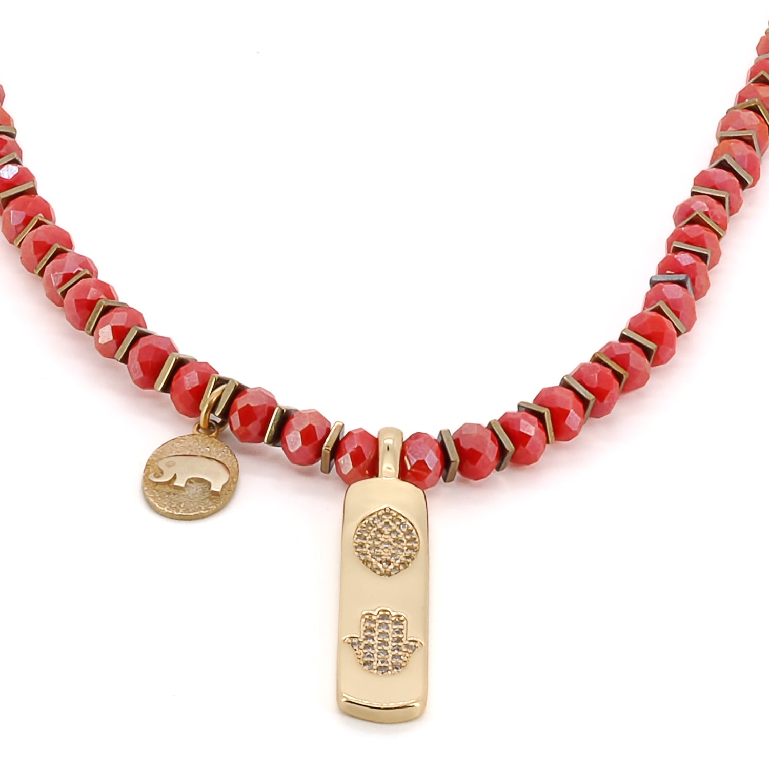 Stylish and spiritual Summer Journey Necklace with orange crystal beads and symbolic charms