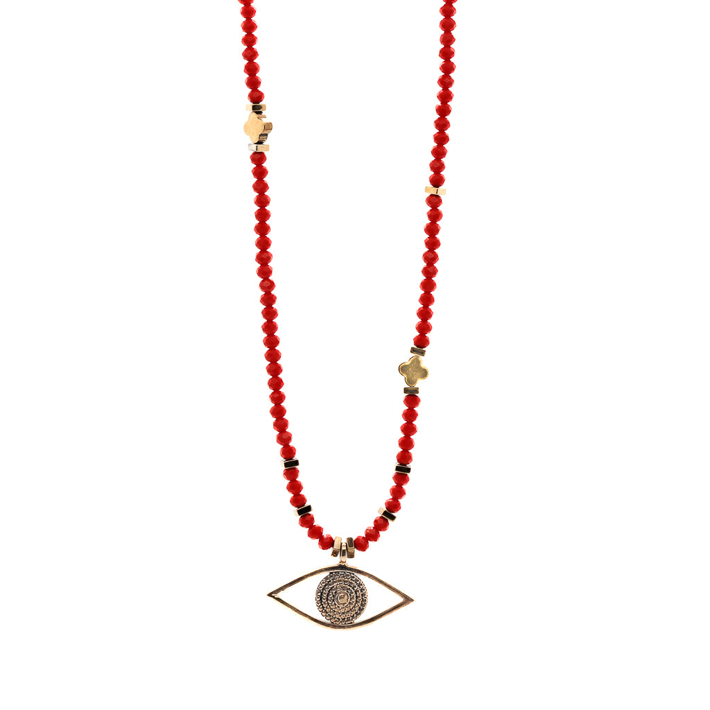 Evil Eye Pendant Necklace adorned with red crystal beads, radiating positive energy.