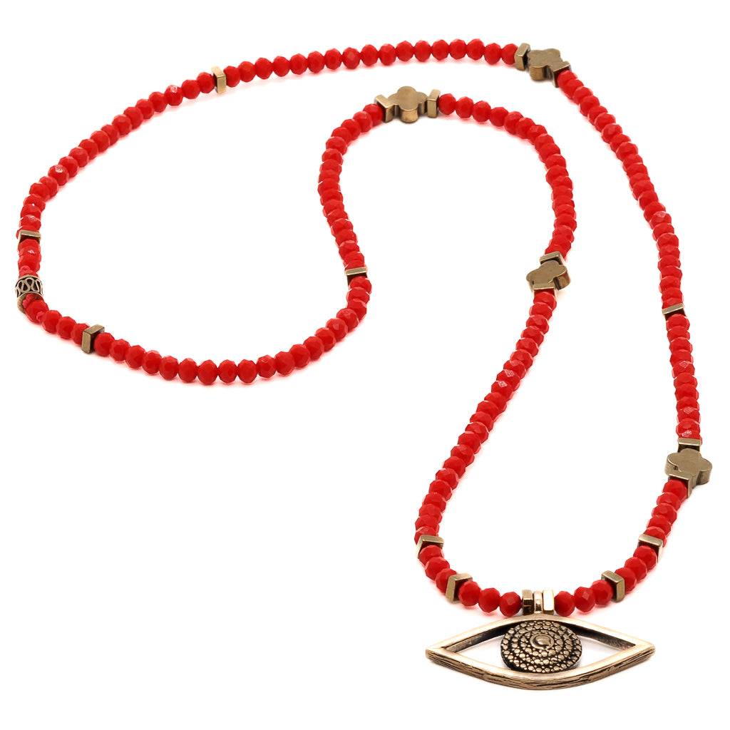 Eye-catching Necklace featuring a combination of red crystal beads and a bronze Evil Eye pendant.