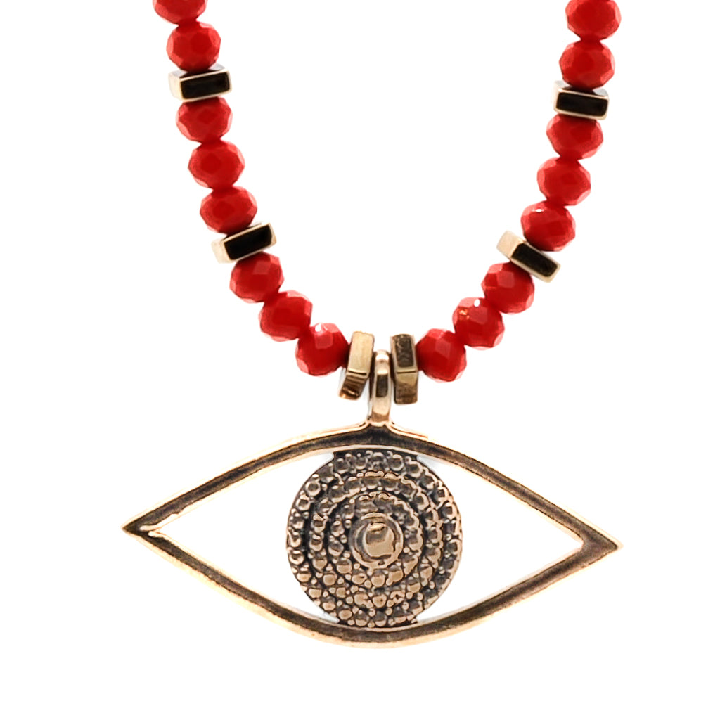 Summer Love Evil Eye Necklace featuring red crystal beads and a bronze Evil Eye pendant.