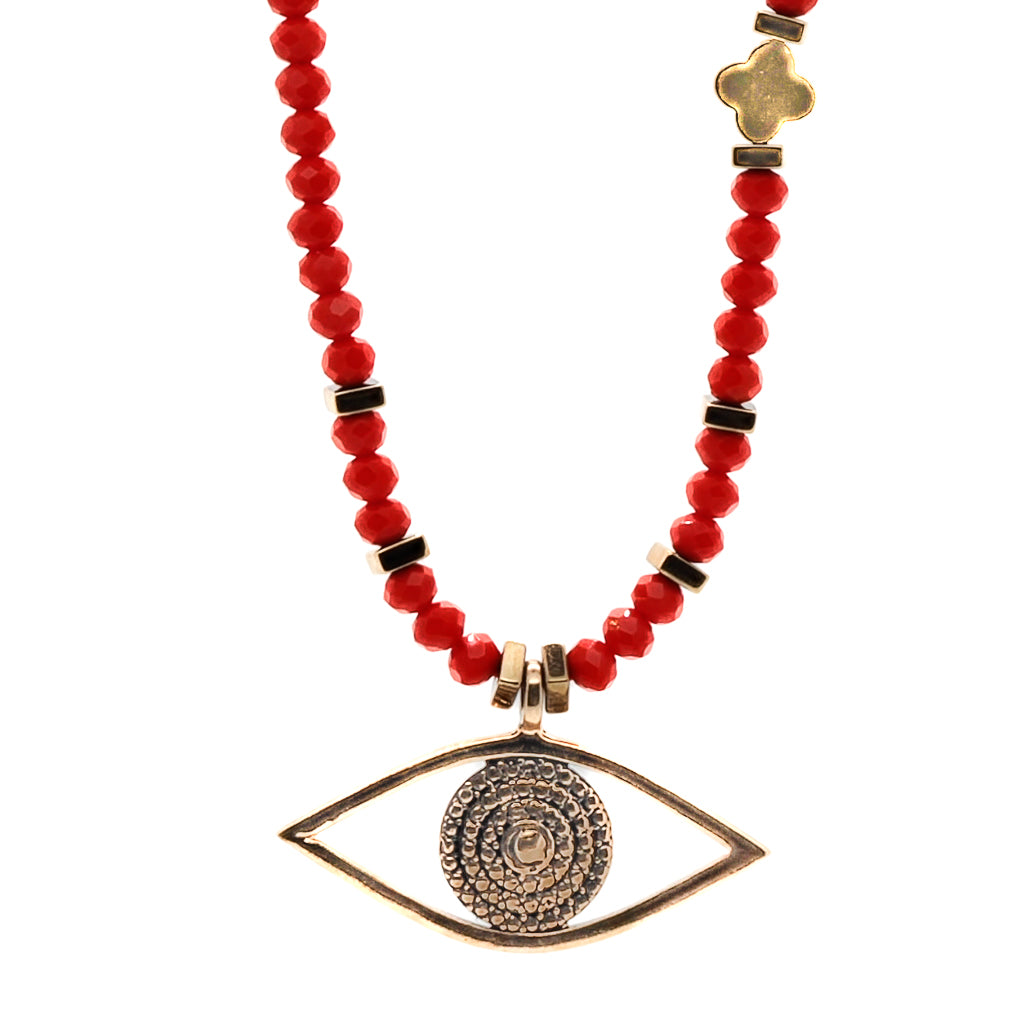 Handmade Necklace with vibrant red crystal beads and a protective Evil Eye pendant.