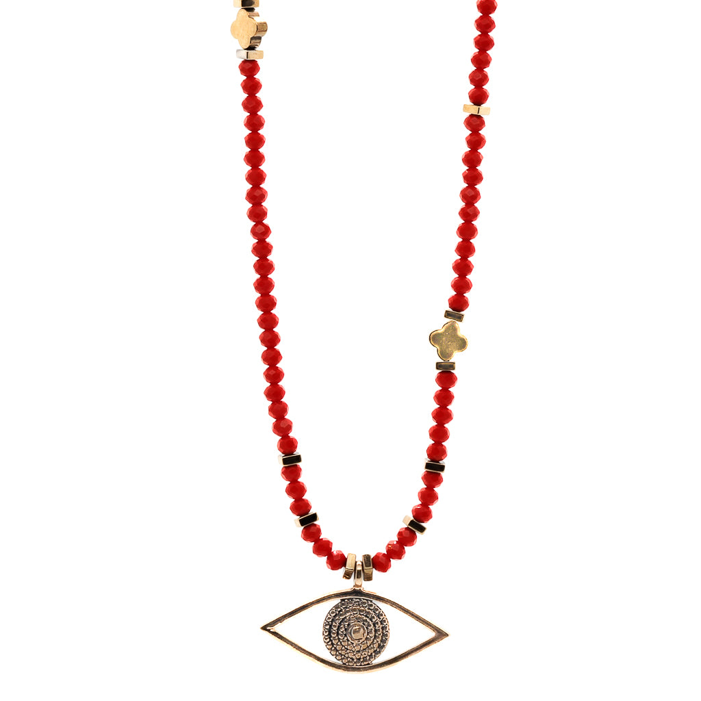 Handcrafted Necklace with red crystal beads and a meaningful Evil Eye pendant.