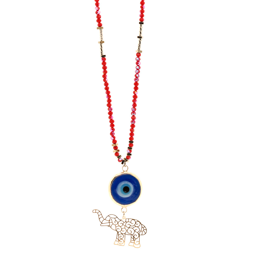 Necklace combining luck and protection, featuring an Elephant and evil eye pendant, handcrafted with care.
