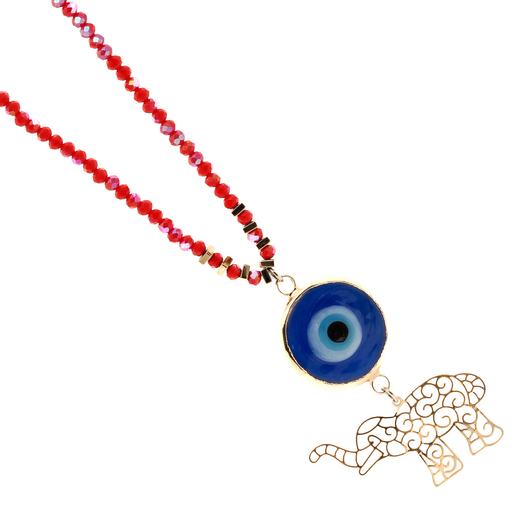 Necklace with a playful design, featuring orange crystal beads and a unique combination of an Elephant and evil eye pendant.