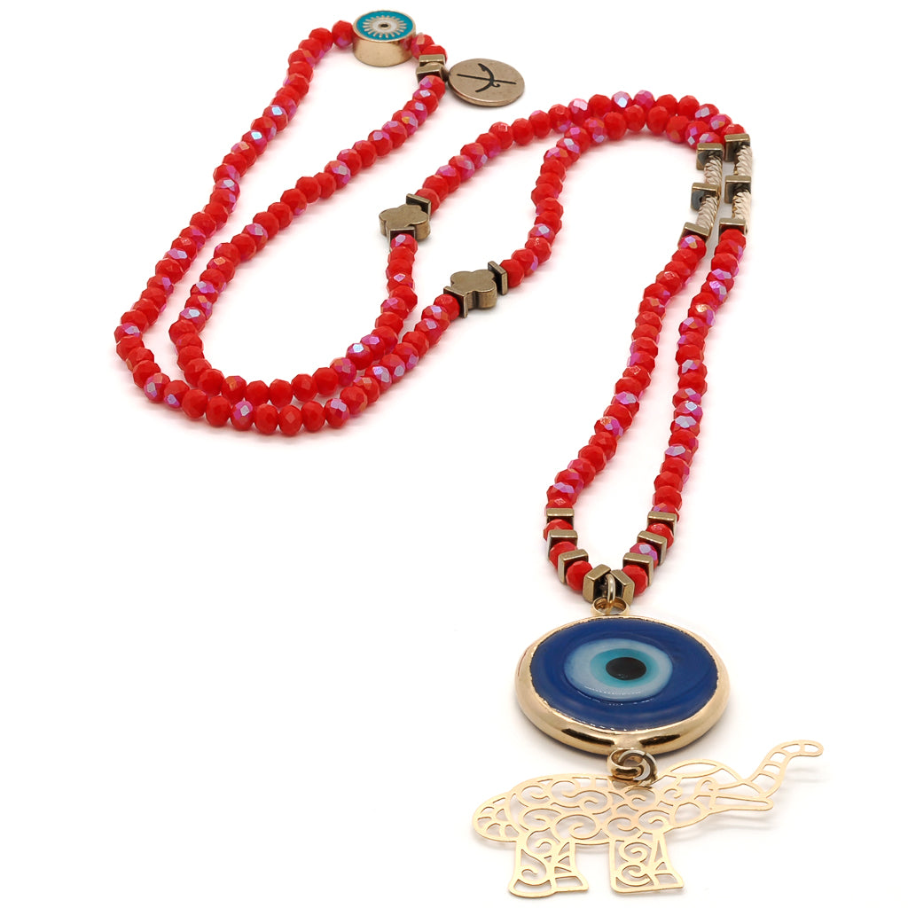 Statement Necklace with orange crystal beads and a gold-plated Elephant pendant, symbolizing good luck and strength.