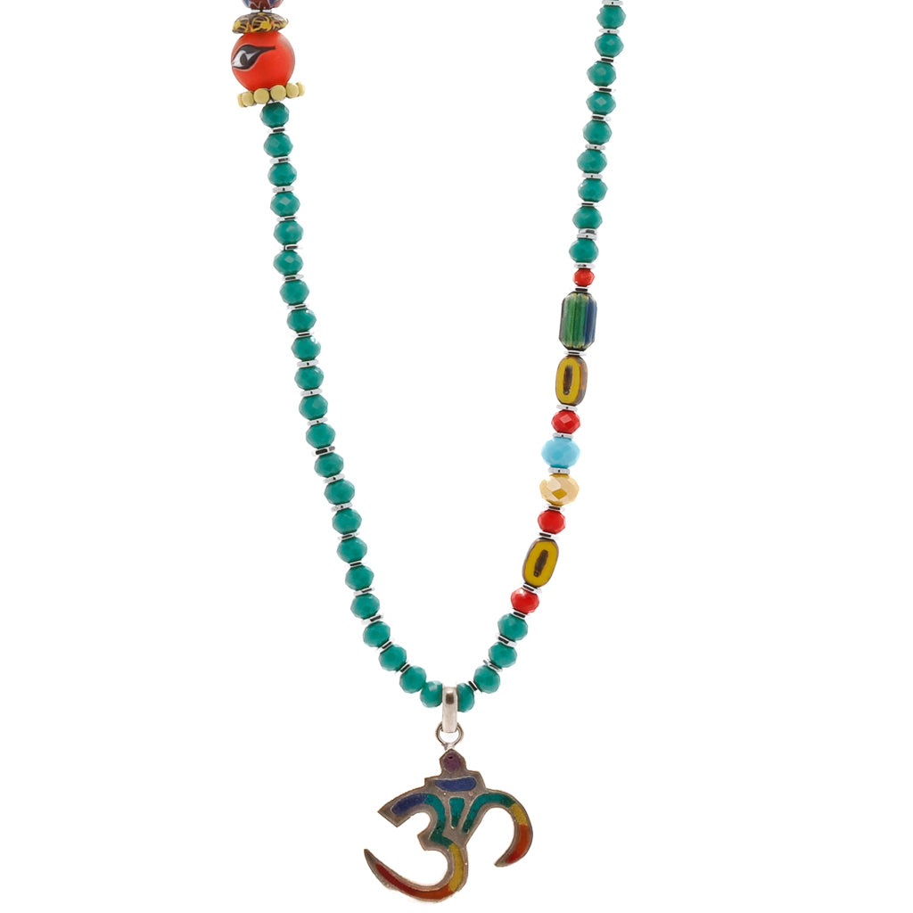 Handmade Summer Vibes Yogi Necklace with colorful African beads and Om pendant.