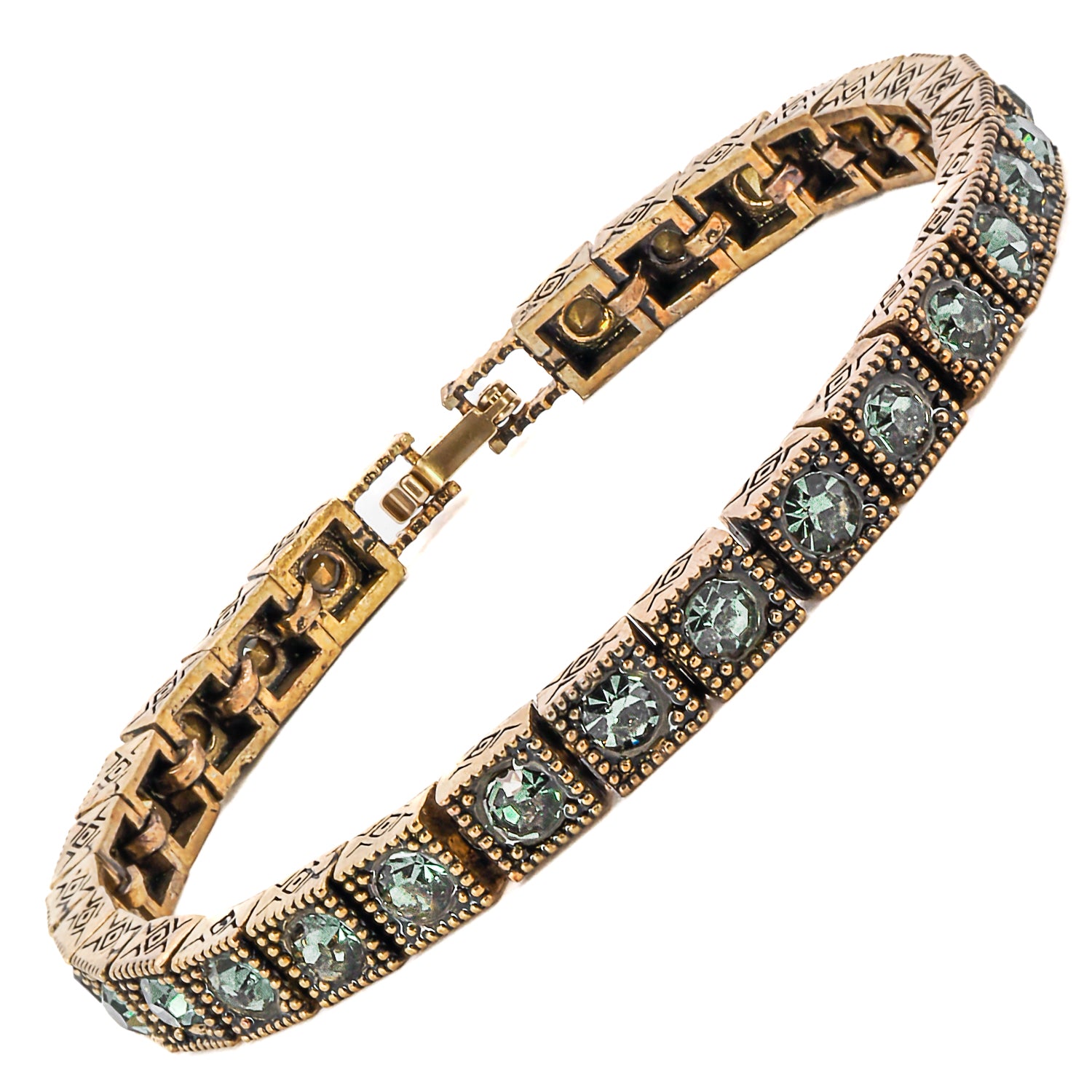A close-up of the high-quality bronze bracelet featuring exquisite green Swarovski crystals.