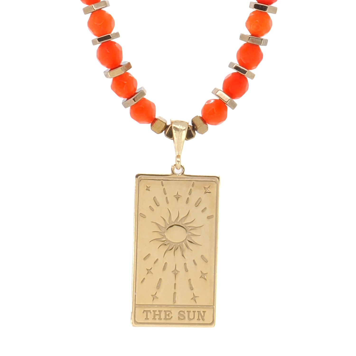 Handmade Gold Hematite Heart Necklace: Featuring &#39;The Sun&#39; Tarot Card Pendant.