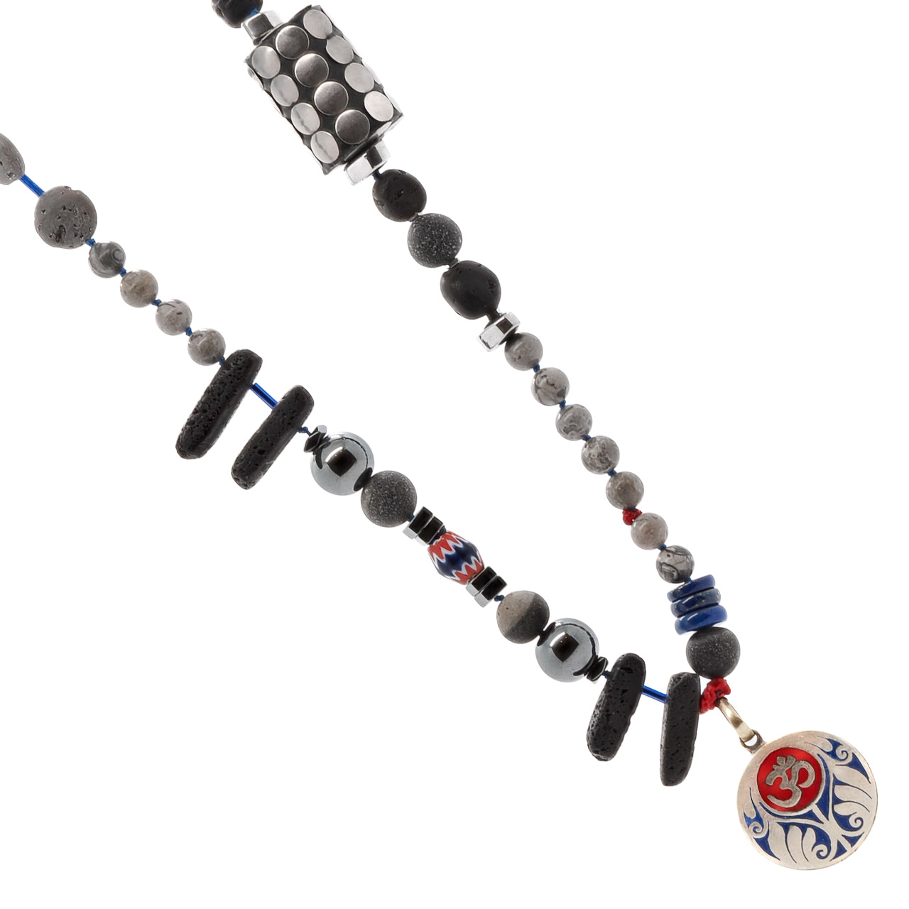 Embrace the natural elegance of the Tibetan Om Necklace, adorned with black frosted druzy agate and hematite beads for a touch of sophistication.