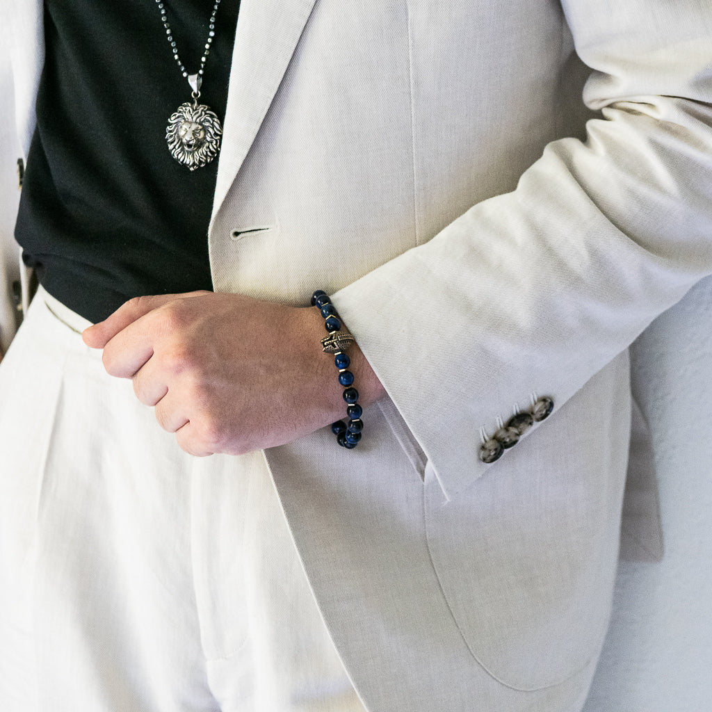 Model with Striking Tiger&#39;s Eye Gladiator Bracelet.