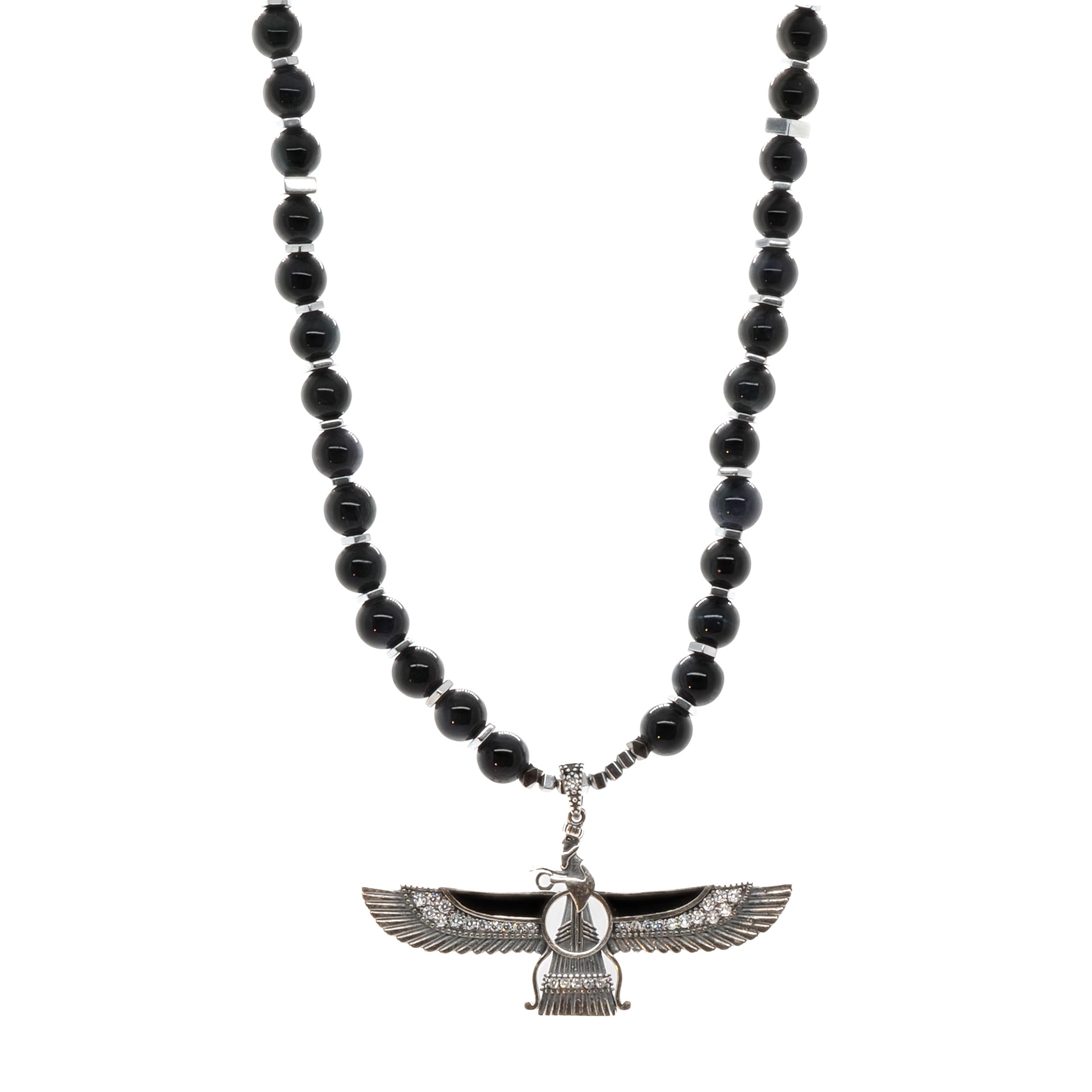 Symbolic Power - The Handmade Necklace Features a Faravahar Pendant with Tourmaline Stone Beads.
