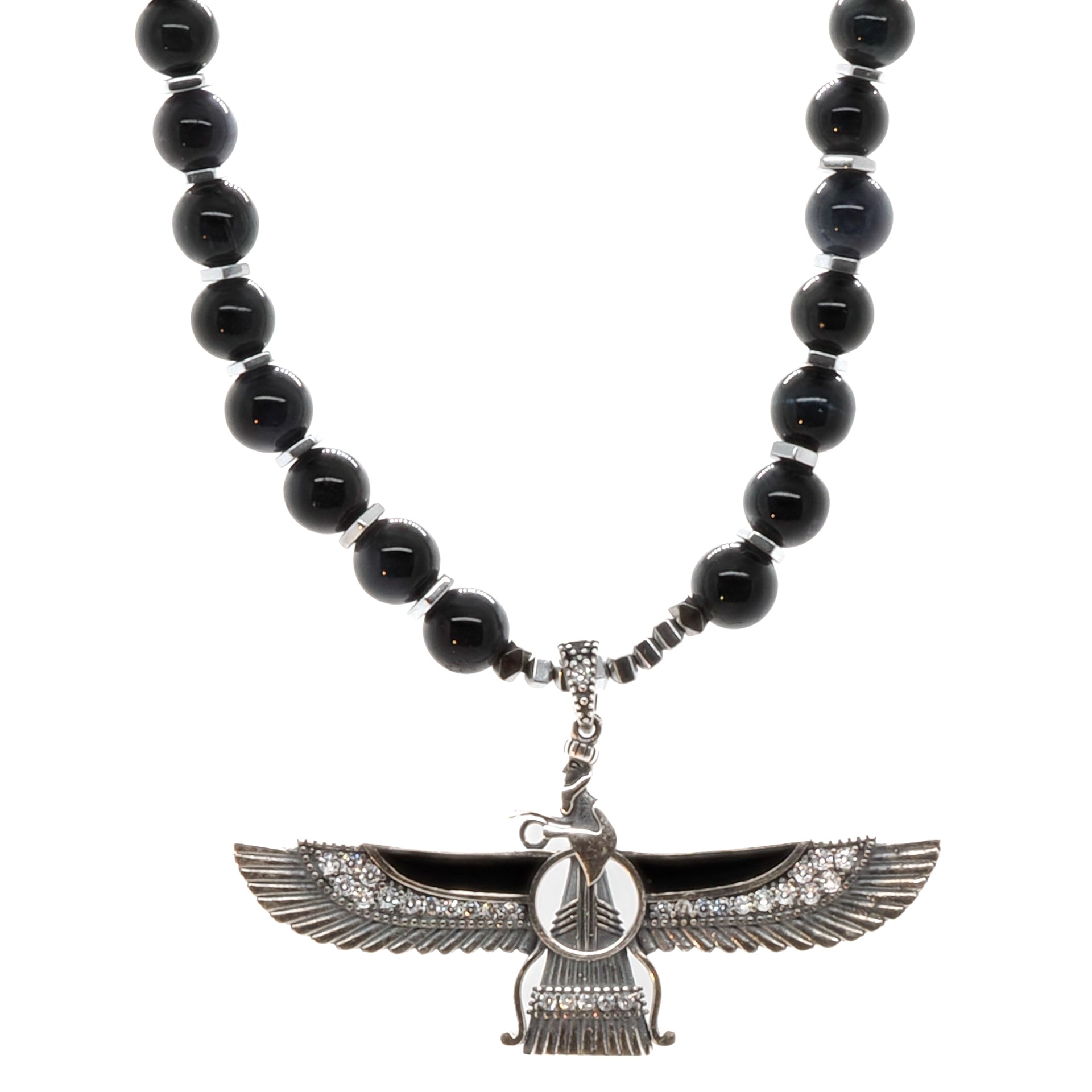 Tourmaline Faravahar Necklace - Handcrafted with Tourmaline Stone Beads and a Sterling Silver Faravahar Pendant.