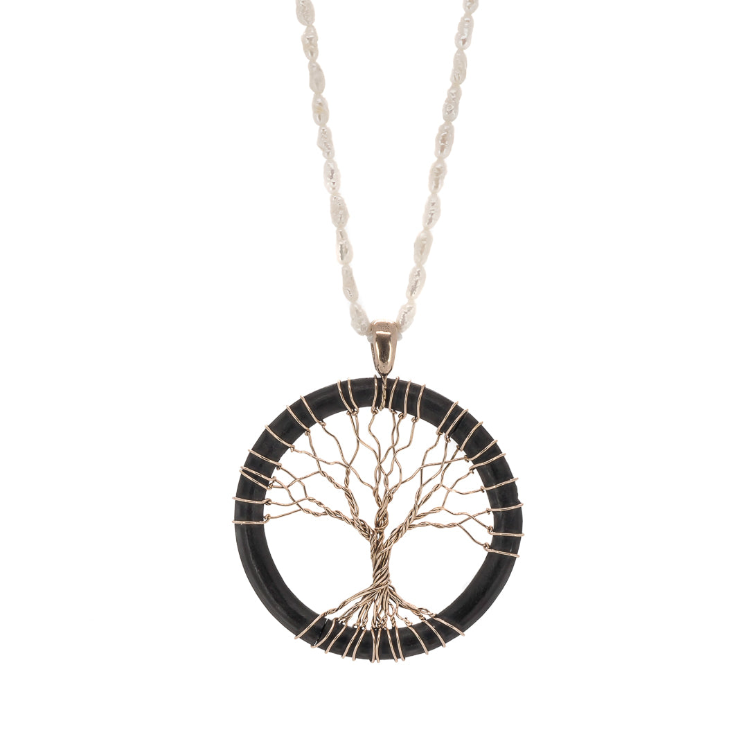 Tree Of Life Necklace - Handcrafted from 14-carat yellow gold, Pearl gemstone, and Rosewood.