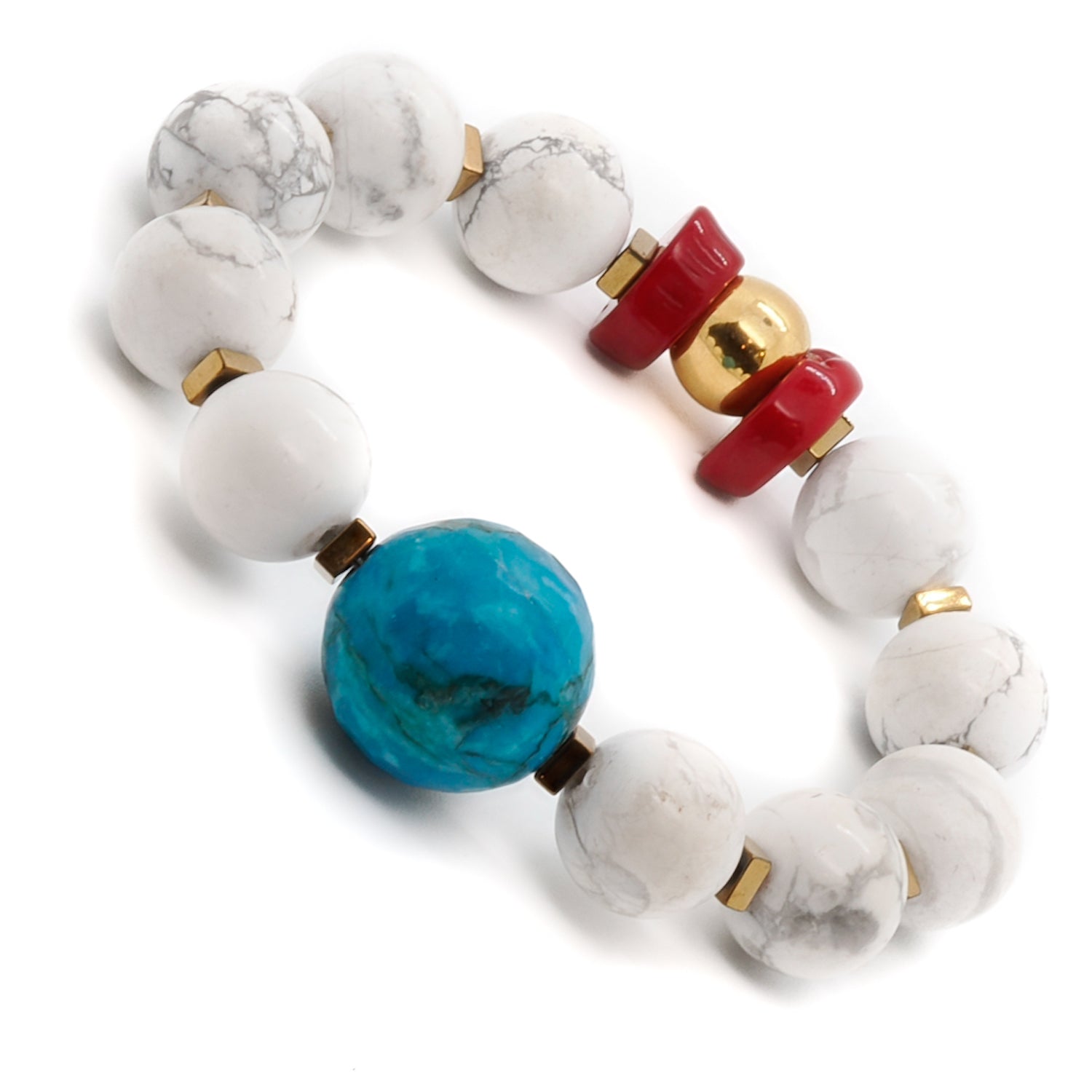 Experience the spiritual qualities of stillness and tenderness with the Turquoise Balance Bracelet, adorned with howlite and turquoise stones.