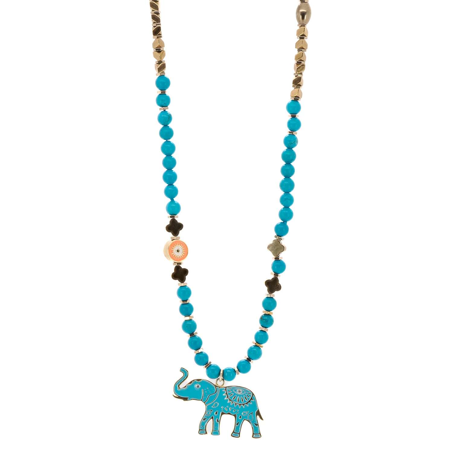 The intricate bronze symbol bead featuring an elephant, hamsa, and evil eye on the Turquoise Blue Elephant Necklace