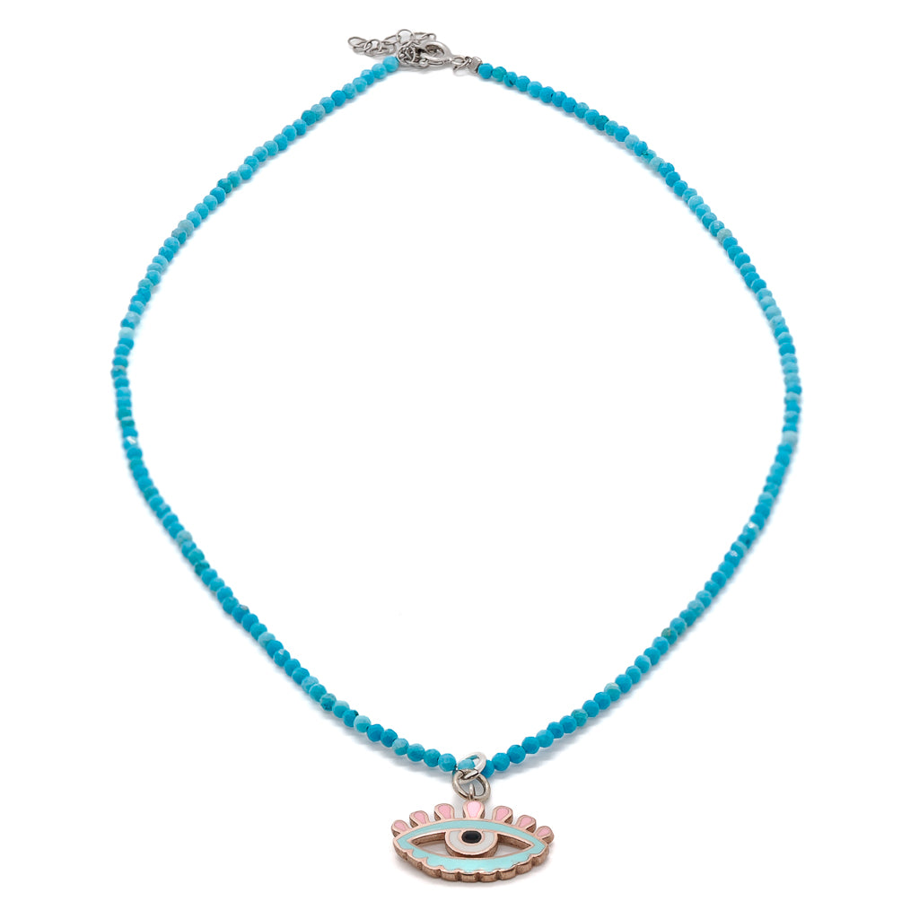 Handmade necklace adorned with a 925 Sterling Silver Evil Eye charm in turquoise, white, and pink enamel, complemented by tiny natural turquoise stone beads.