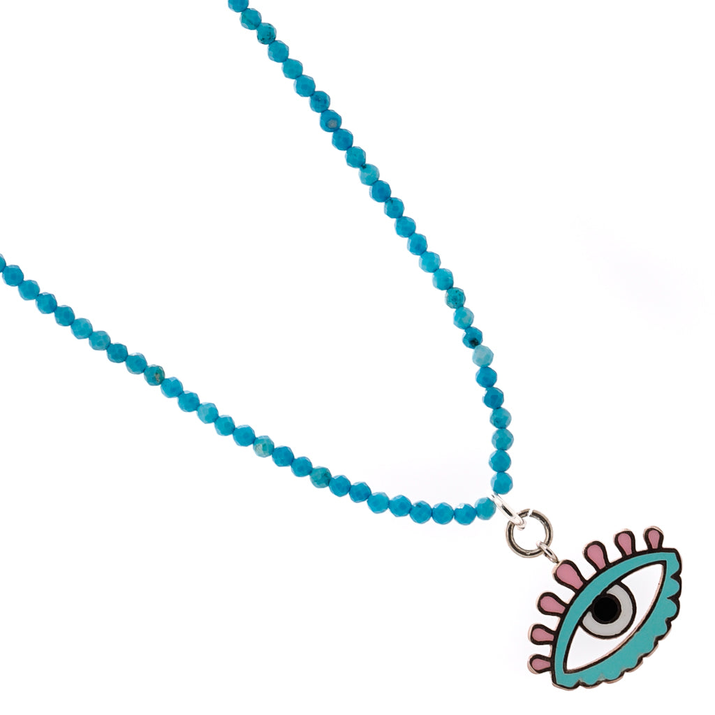 Handmade necklace featuring a silver Evil Eye charm in turquoise, white, and pink enamel, paired with tiny natural turquoise stone beads for a vibrant look.