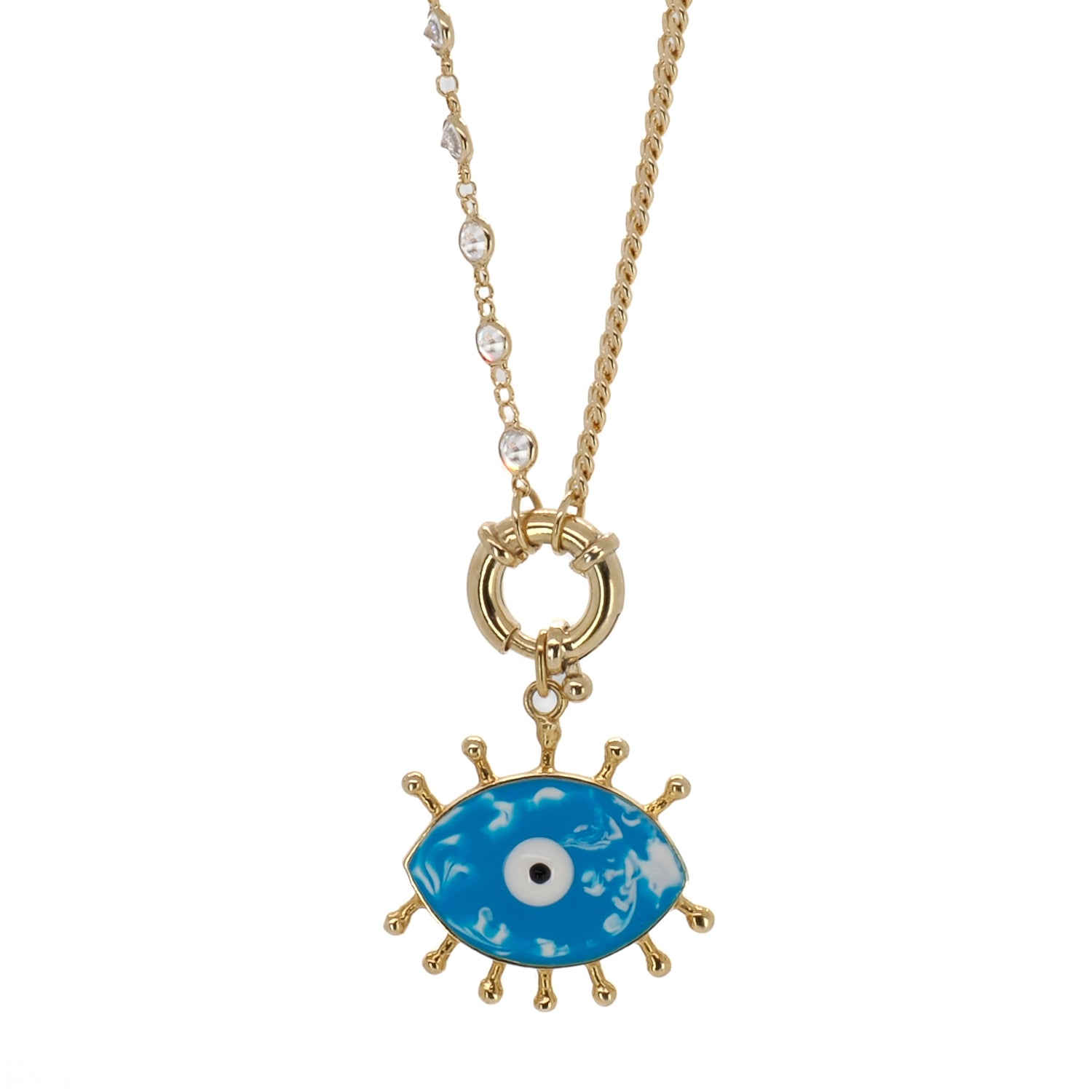 The Turquoise Evil Eye Chain Necklace, a stunning handmade piece with a protective Evil Eye pendant and Swarovski stones.