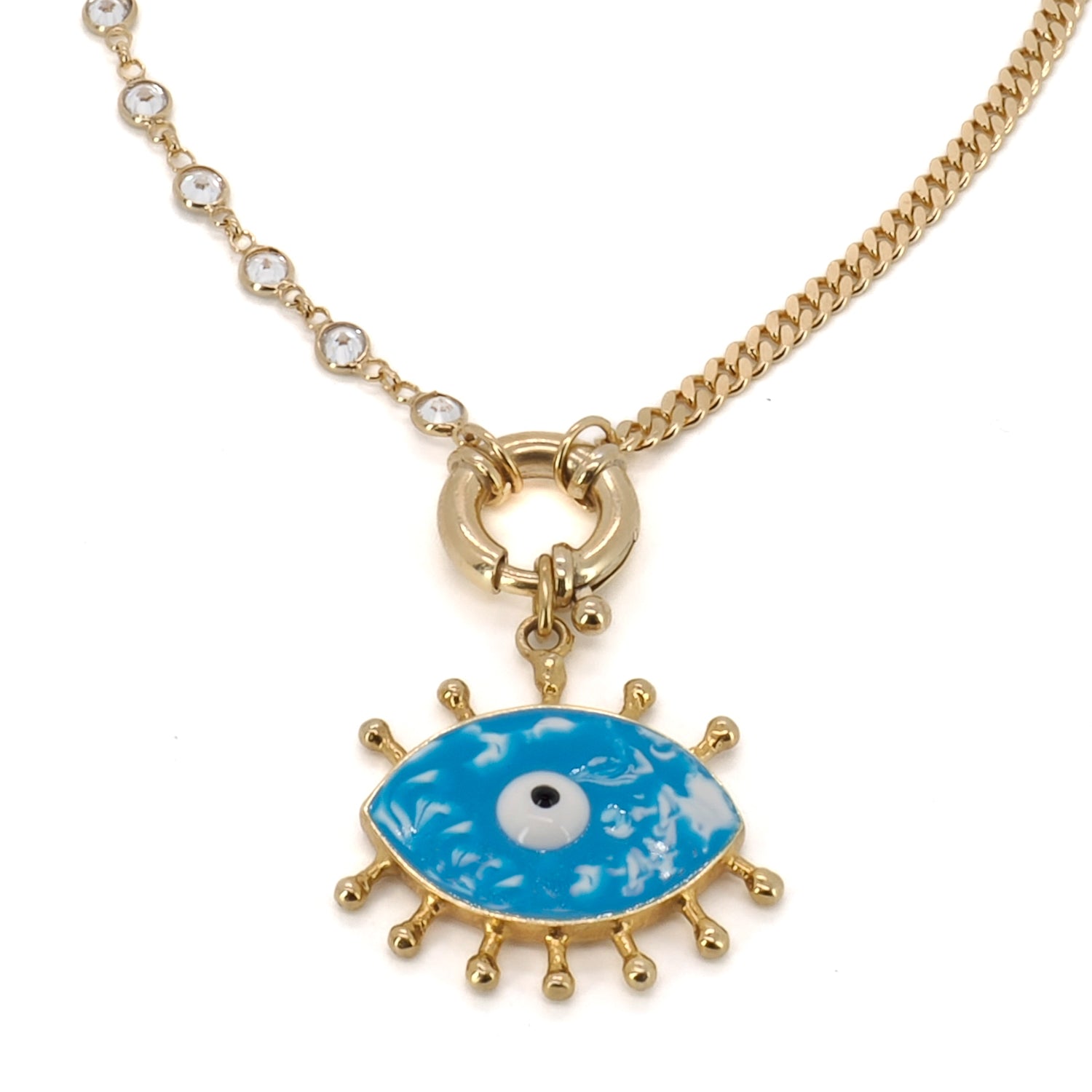 The elegant Turquoise Evil Eye Chain Necklace, featuring a 925 solid silver chain with an 18K gold vermeil and blue enamel Evil Eye pendant.