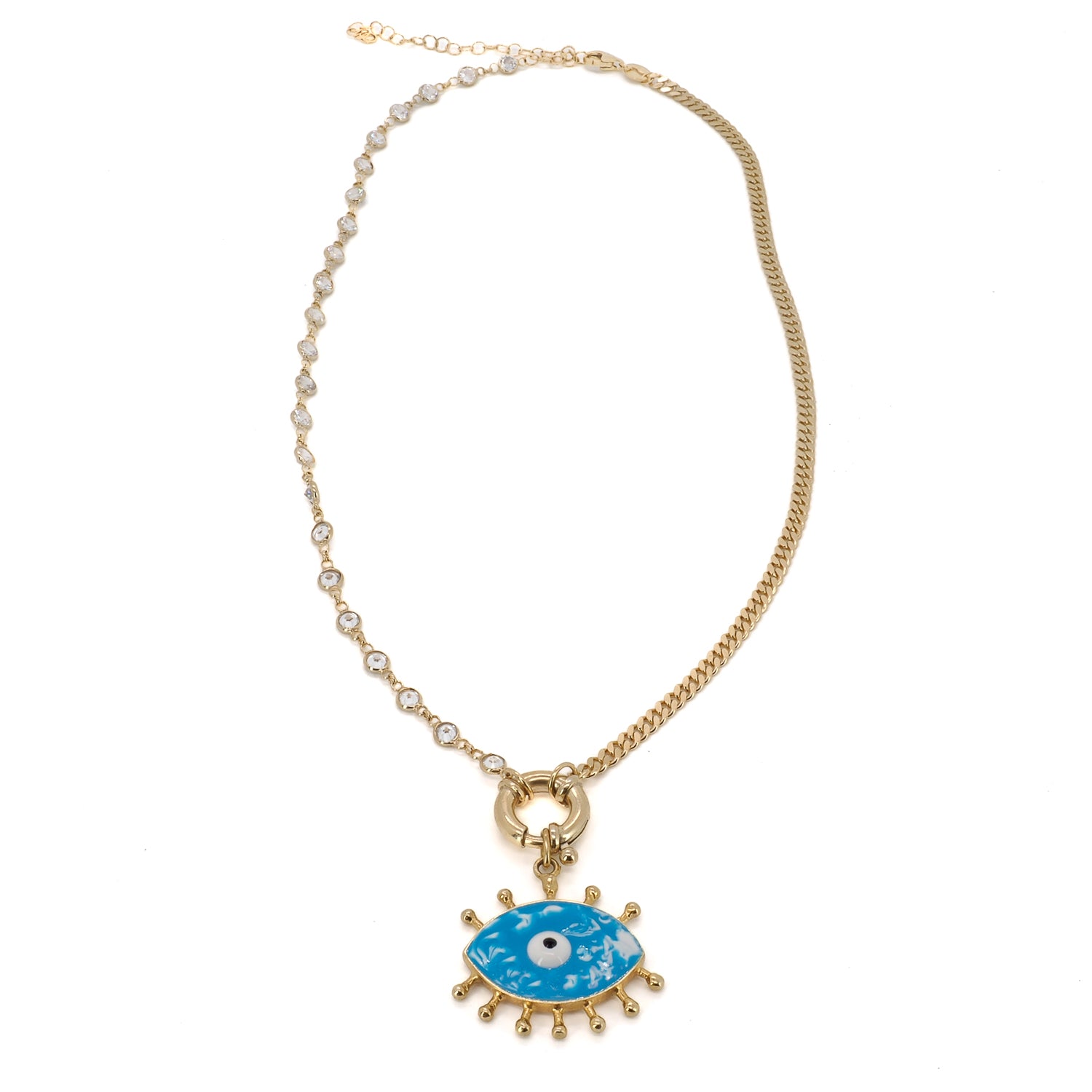 A close-up of the Turquoise Evil Eye Chain Necklace, showcasing its intricate blue enamel pendant and shimmering Swarovski stones.