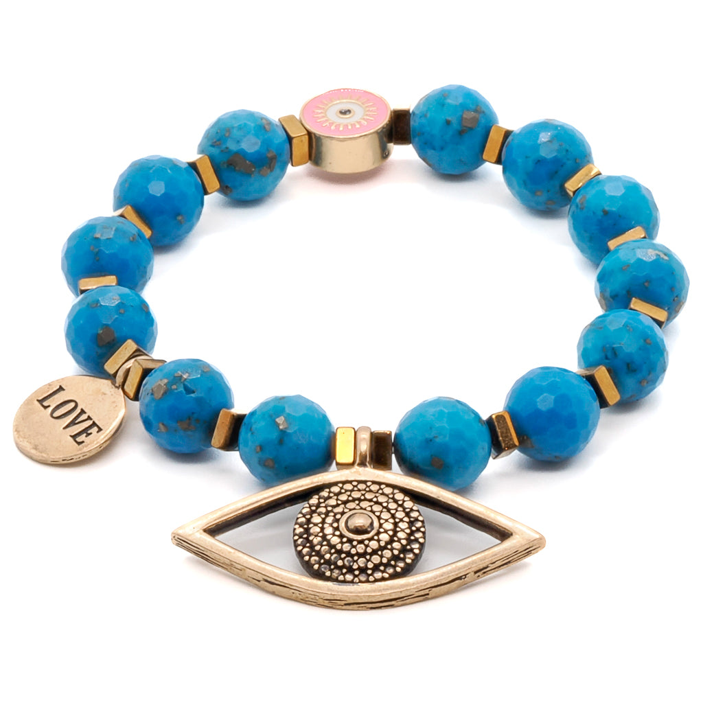 Experience the beauty and meaning of the Turquoise Love Bracelet, adorned with a gold-plated pink enamel evil eye accent bead.