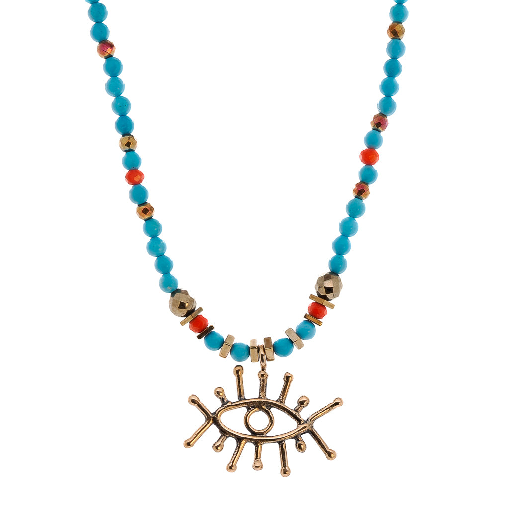 Turquoise and Evil Eye Charm Necklace - Ward off negative energy with this unique piece.
