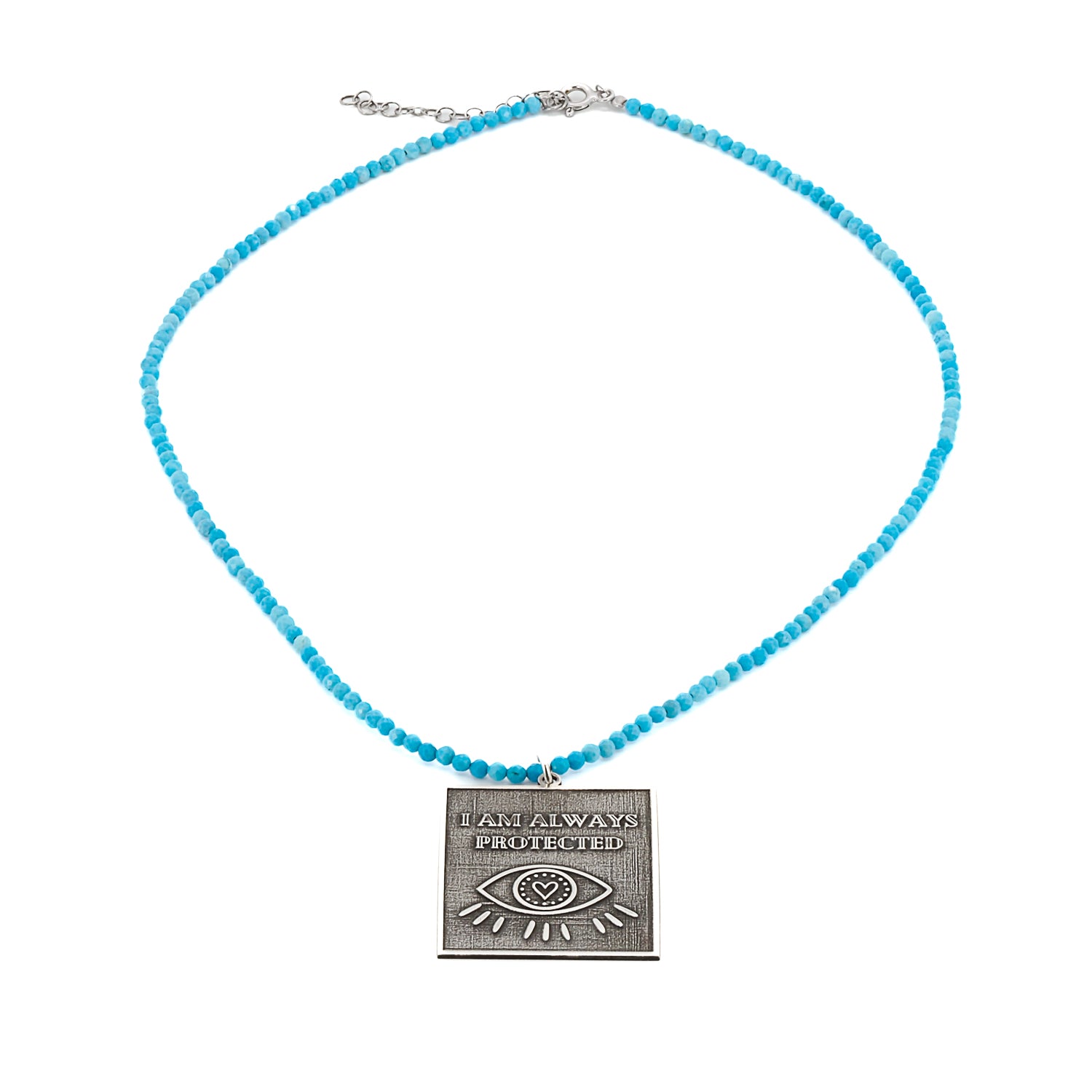 The sterling silver square pendant of the Turquoise 'I Am Always Protected' Necklace
