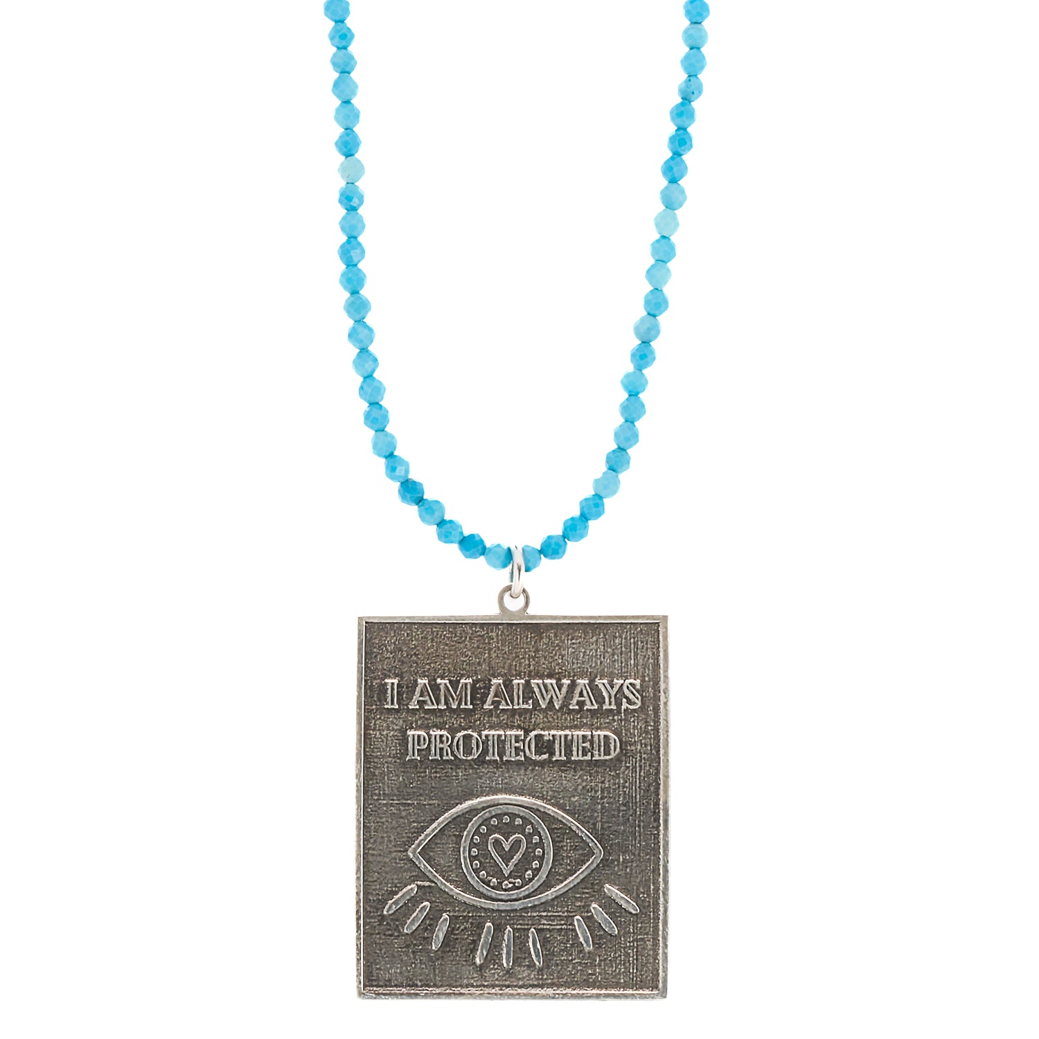 A close-up of the Turquoise 'I Am Always Protected' Necklace, showcasing its vibrant turquoise stone