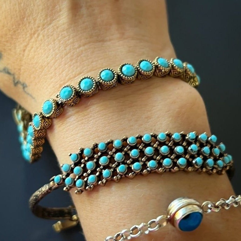 A model wearing the Turquoise Tennis Bracelet, showcasing its elegance and positive vibes.
