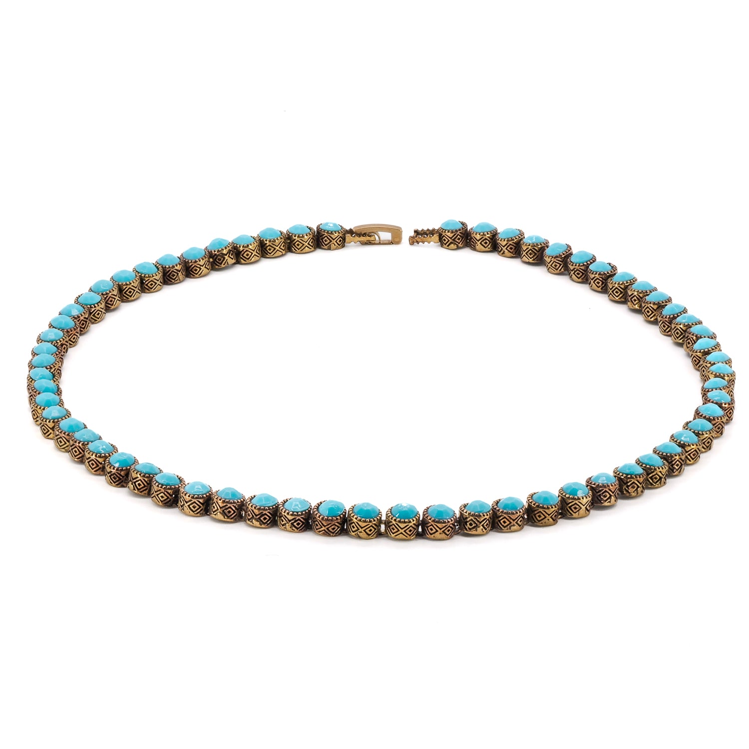 Elevate your style with the vibrant energy of turquoise in this handmade bronze tennis necklace.