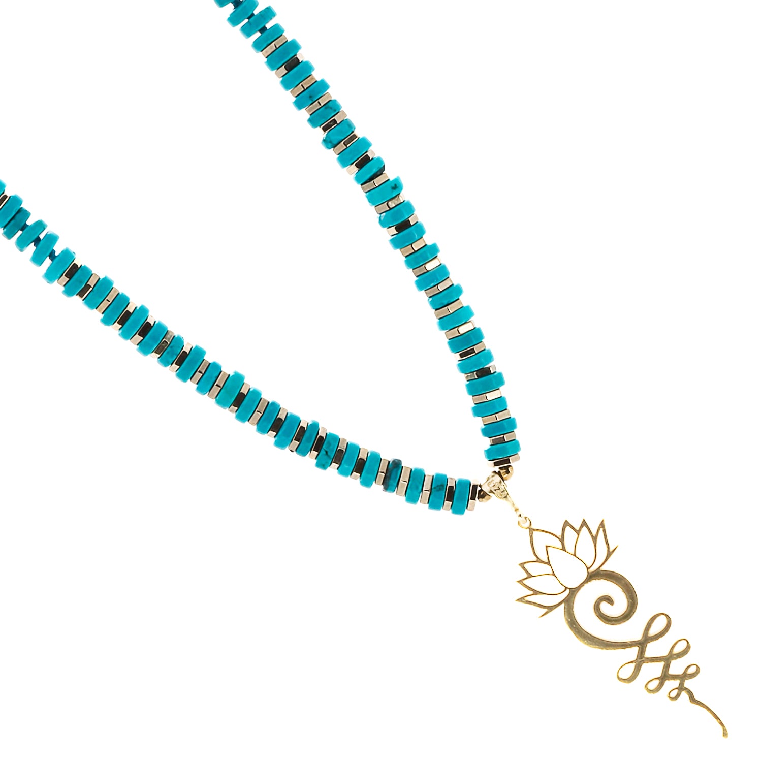 The intricate craftsmanship of the Unalome Pendant on the Turquoise Unalome Serenity Necklace