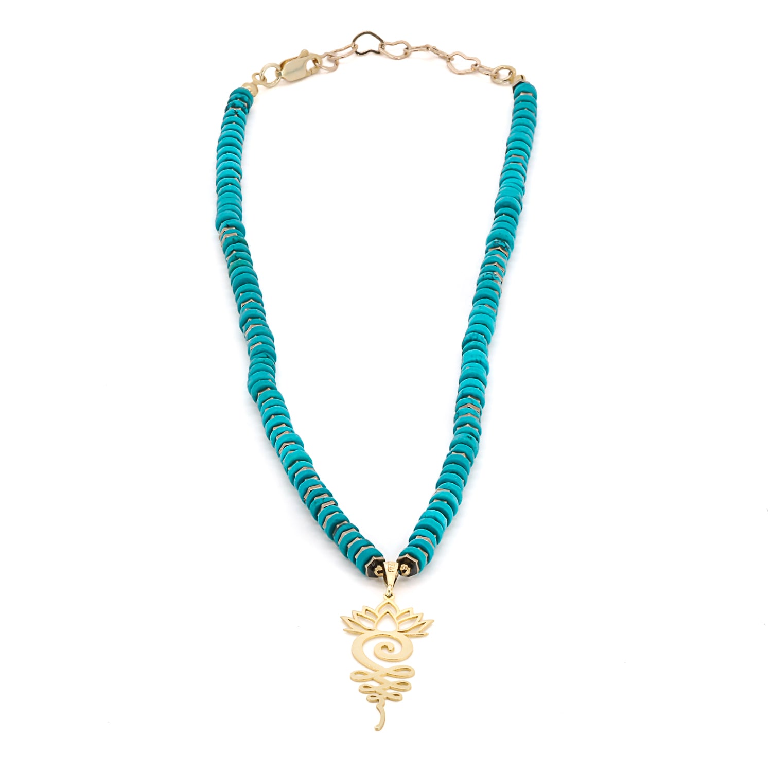 The vibrant turquoise stone beads of the Turquoise Unalome Serenity Necklace