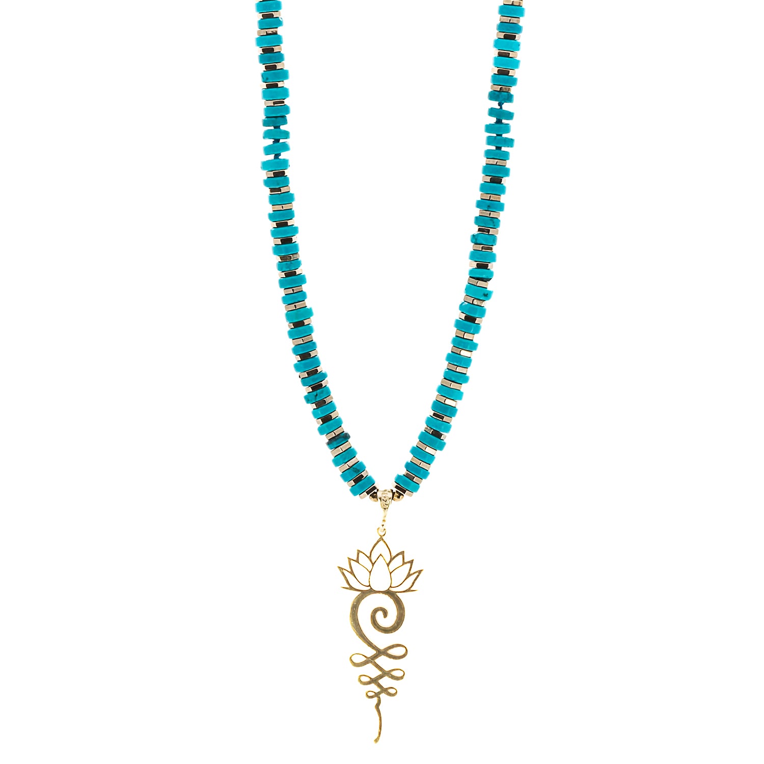 A close-up of the Turquoise Unalome Serenity Necklace, highlighting its intricate Unalome symbol