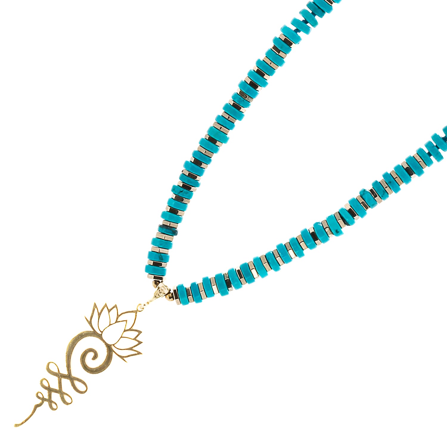 The Turquoise Unalome Serenity Necklace, radiating a sense of serenity