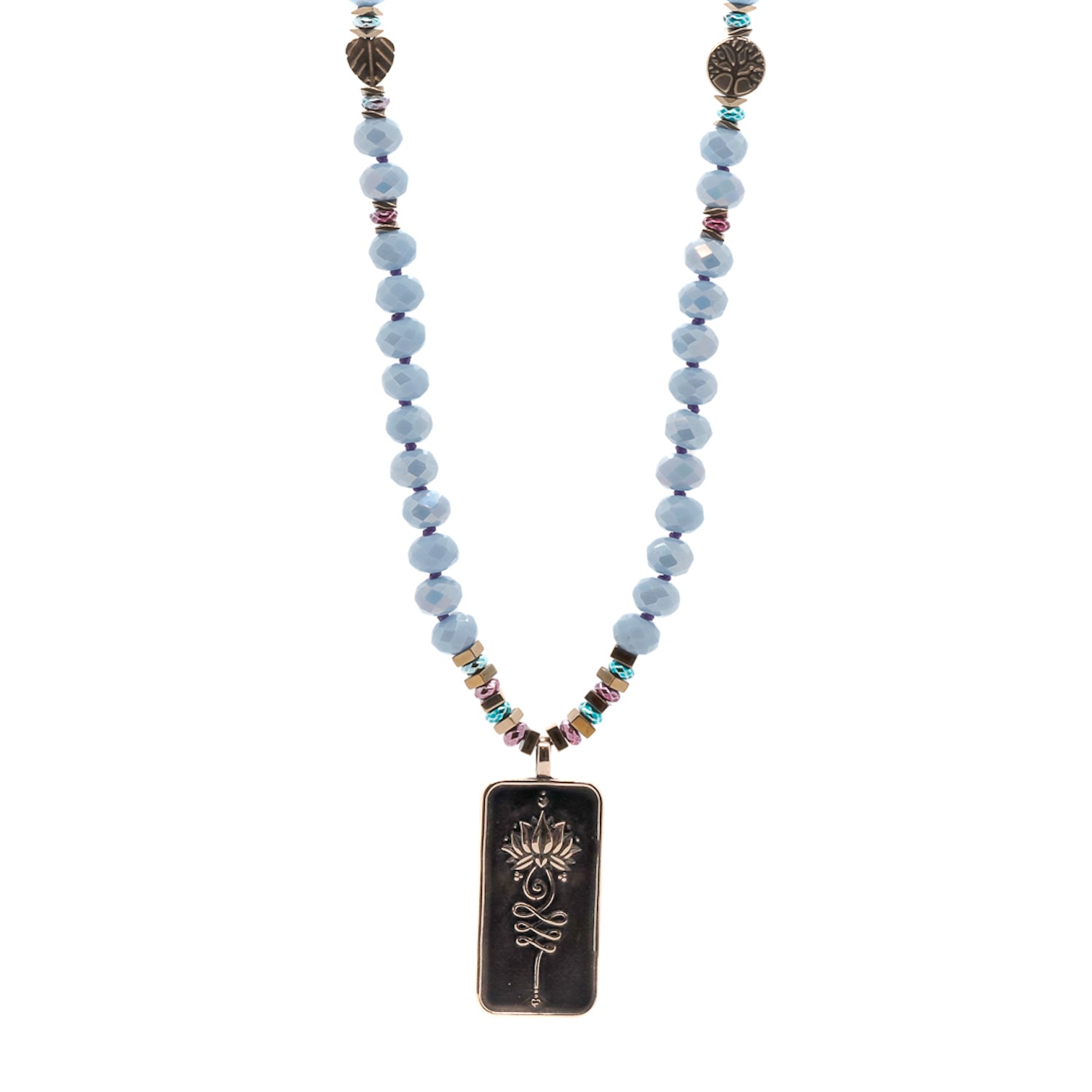 Unalome Self Love Necklace - Handcrafted with Unique Pendant and Blue Crystal Beads.