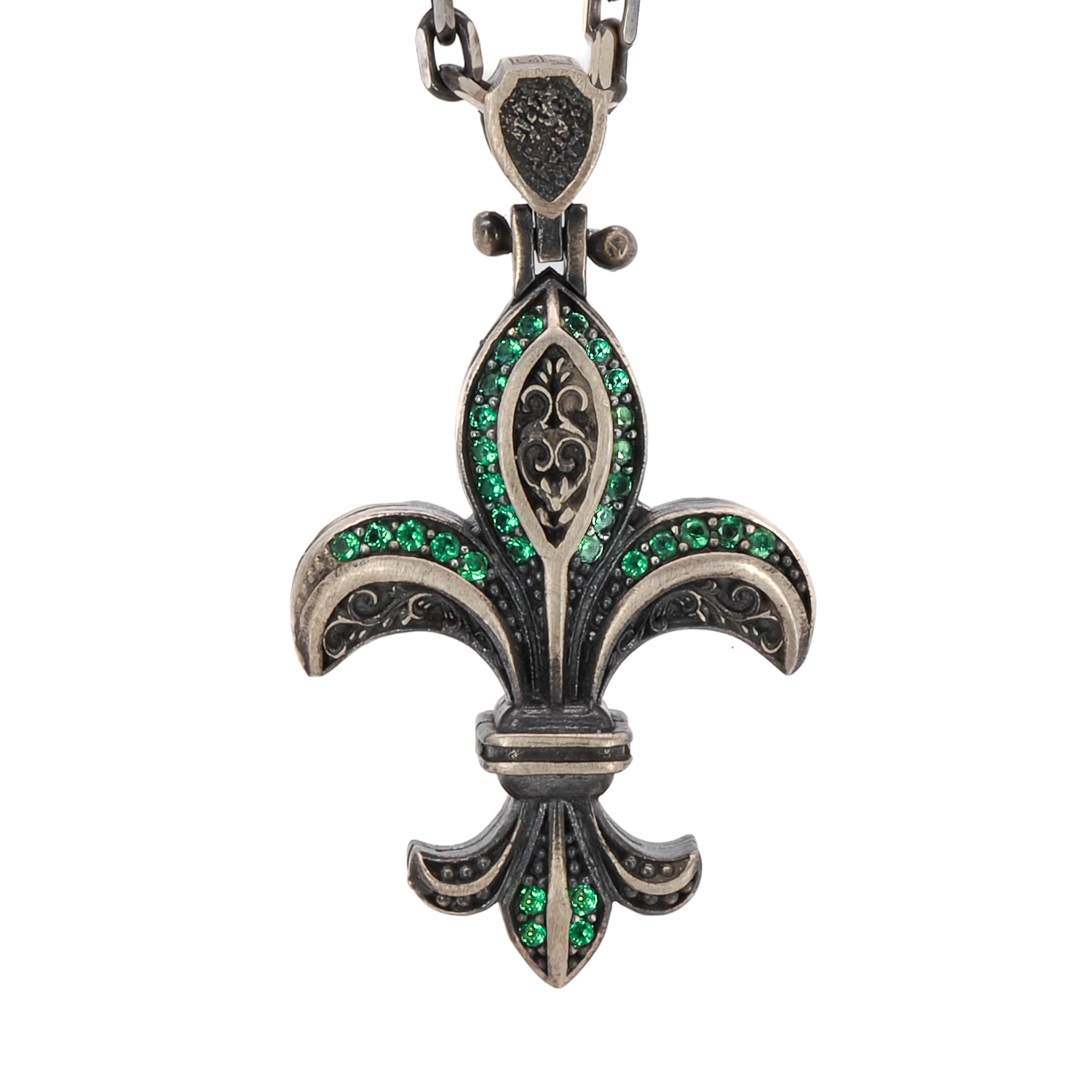 Discover the regal beauty of the Unique Designer Fleur de Lis Necklace, featuring a symbolic pendant adorned with green and yellow zircon stones.