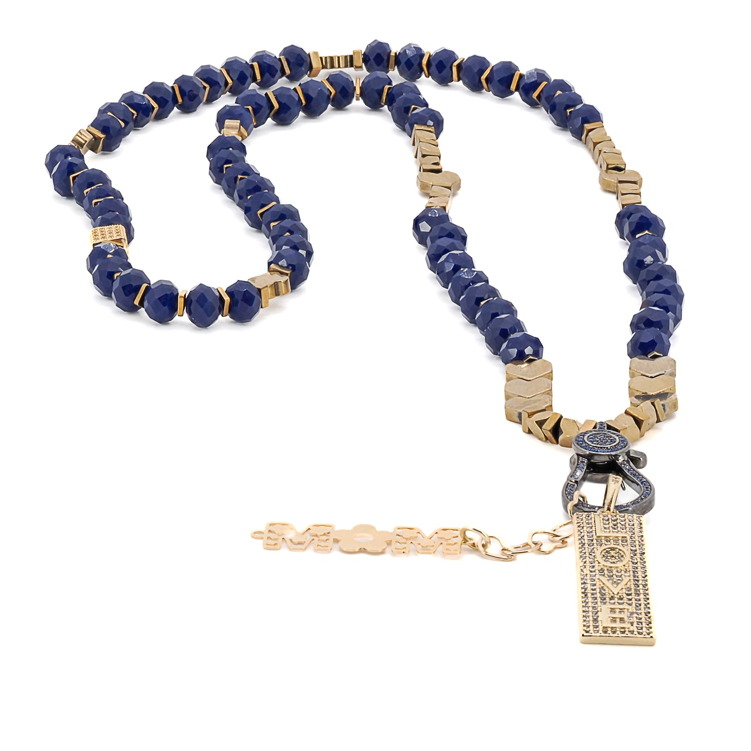 Unique Love Mom Necklace with blue crystal beads