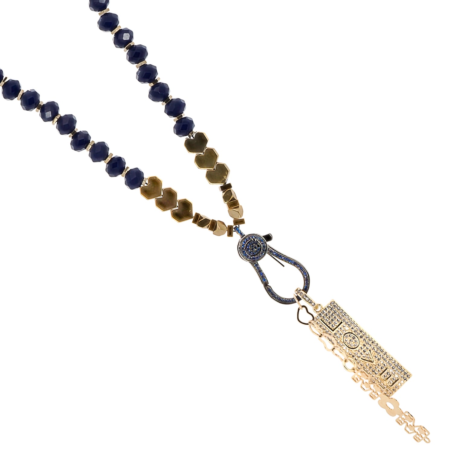 Close-up of the 24K gold plated Mom charm on the blue crystal necklace