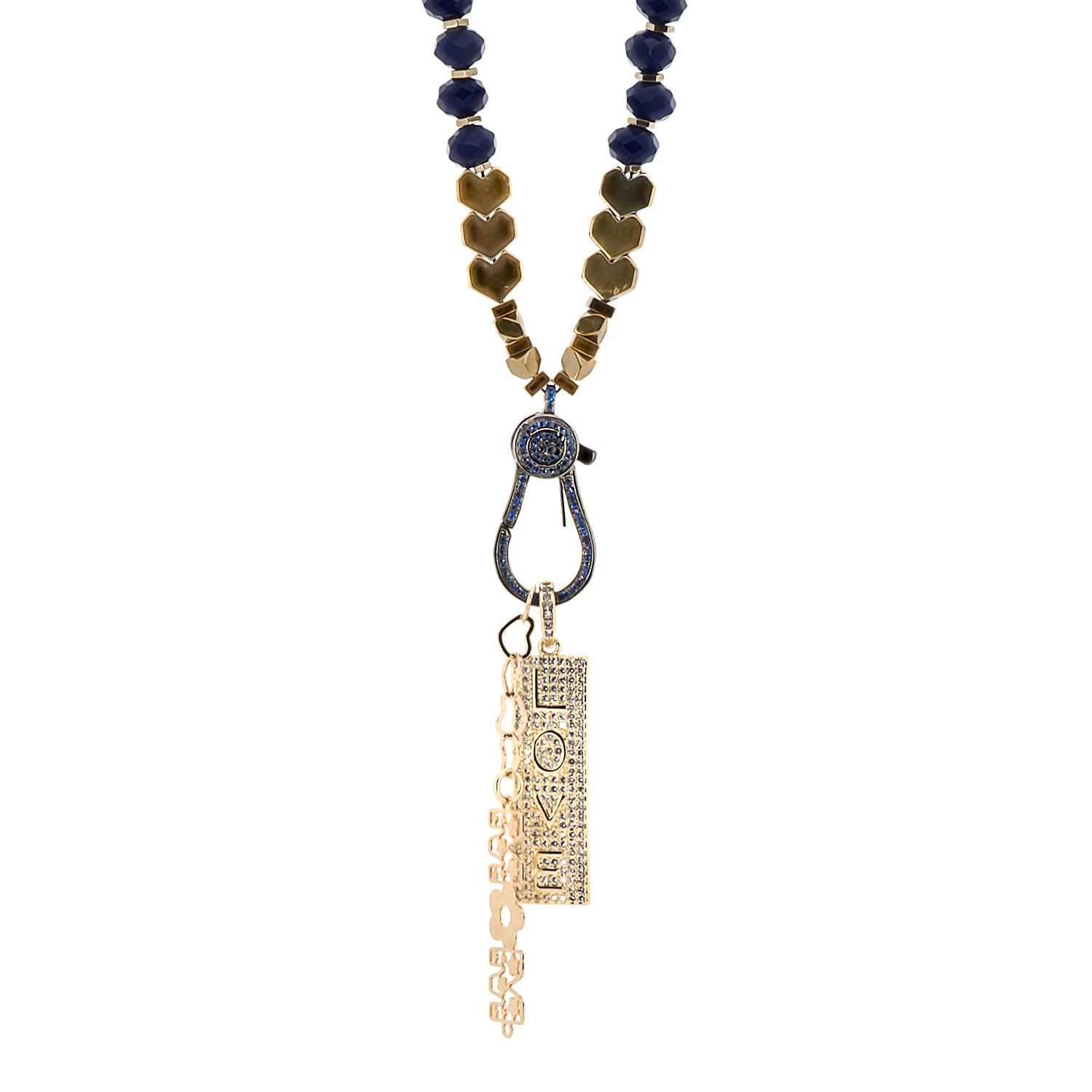 Blue crystal bead necklace with gold pendant