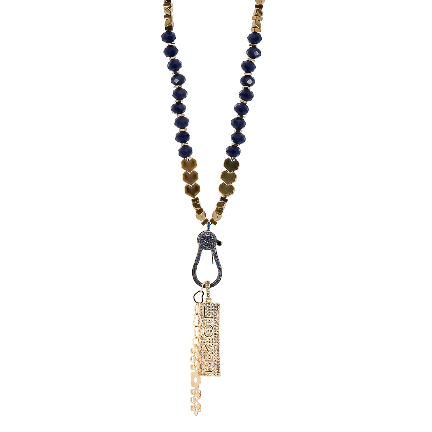Necklace featuring blue crystals and gold hematite stone heart beads