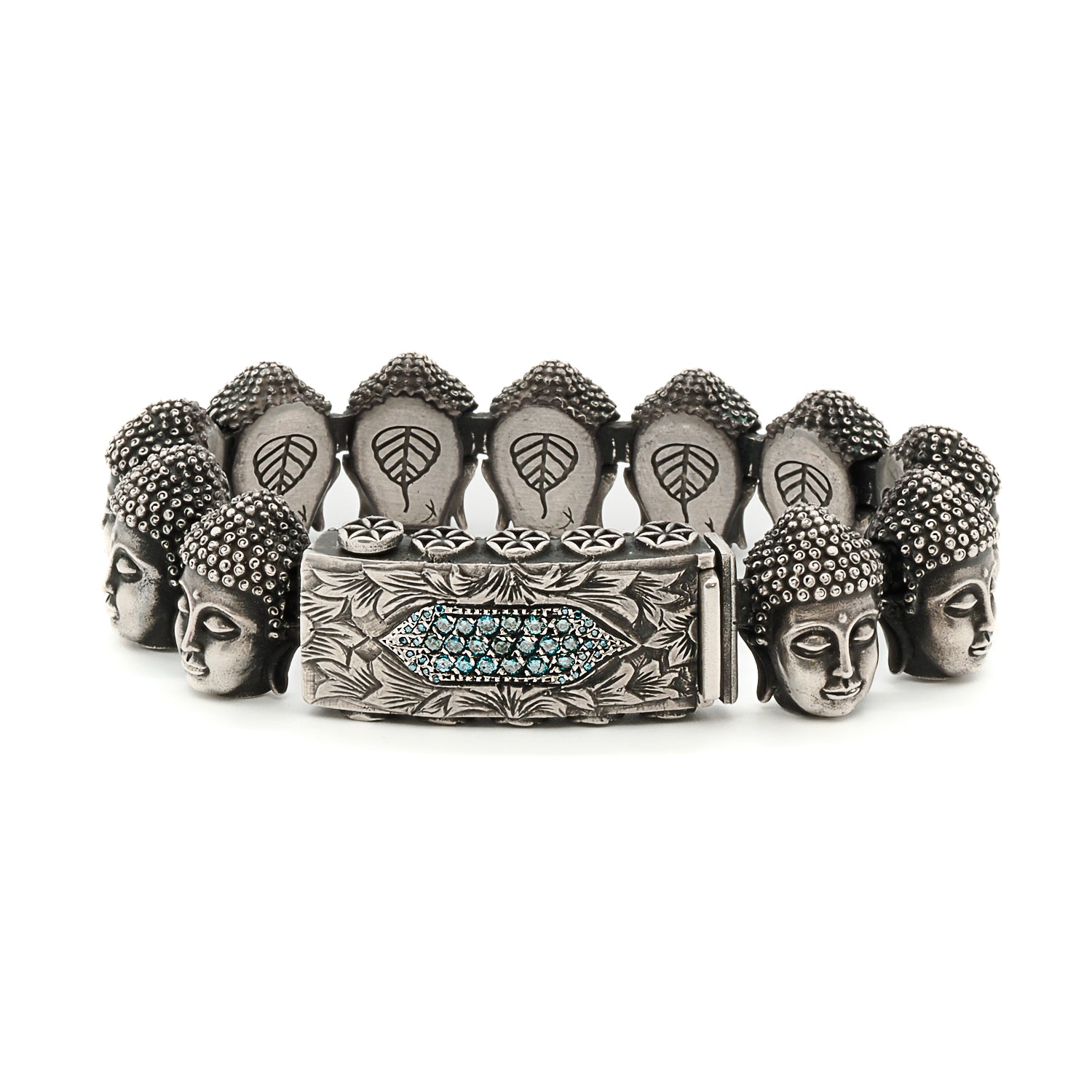 Unique Silver and Diamond Buddha Peace Bracelet - Handcrafted with 0.90 Carat Blue Diamonds.