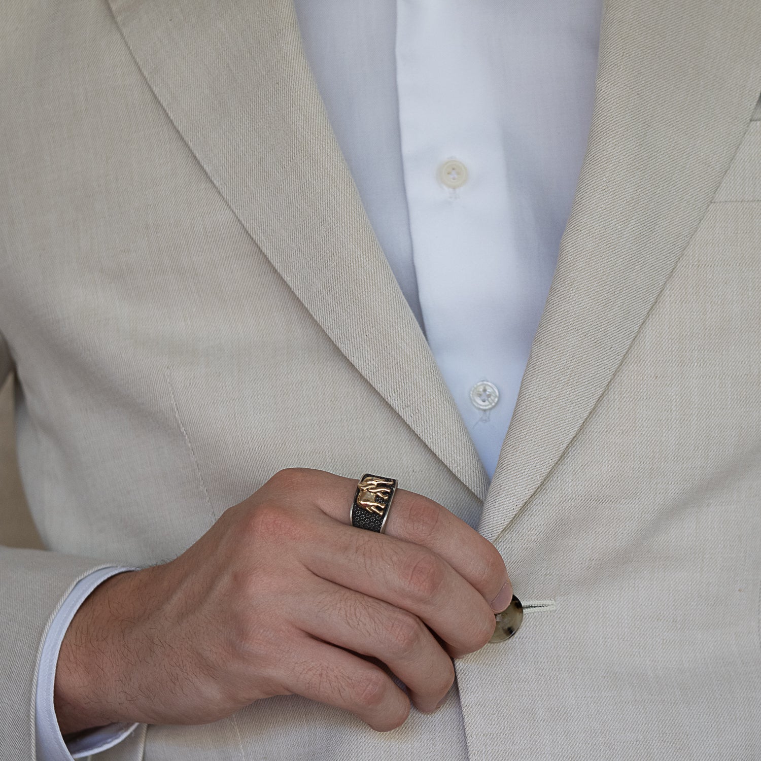 Timeless Handcrafted Design - Model Wearing Silver and Gold Elephant Ring.