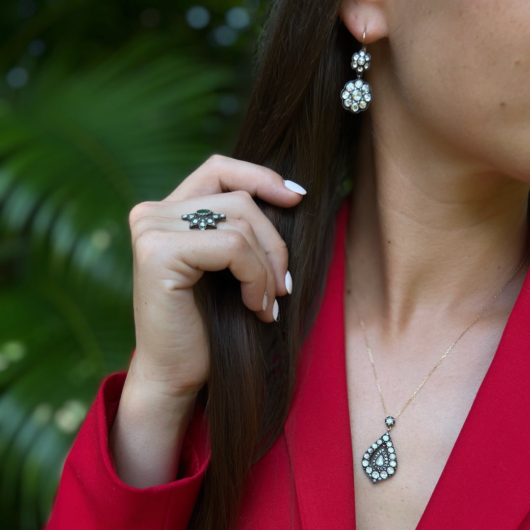 Model Wearing Victorian Diamond Earrings - Embracing elegance and sophistication.