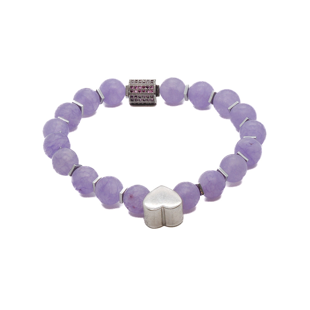 Experience the beauty and serenity of the Violet Love Bracelet, crafted with purple jade beads, sterling silver heart charms, and a sparkling Swarovski crystal accent.