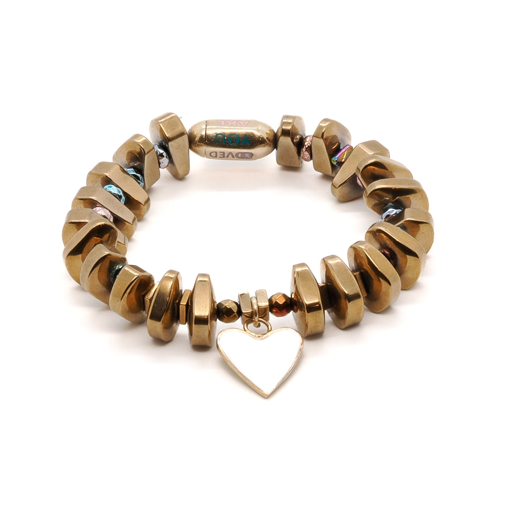 Experience the beauty and meaning of the White Corazon Bracelet, handcrafted with gold color nugget hematite stone beads and sterling silver accents.