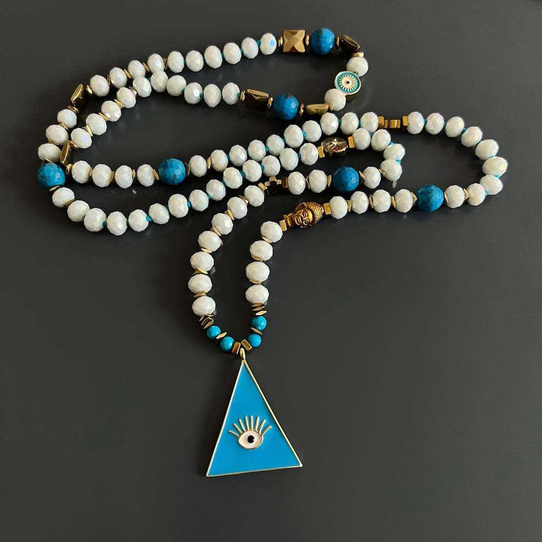 Stylish Evil Eye Necklace with unique white crystal beads.